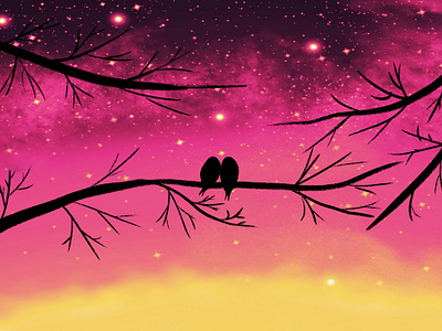 birds on a wire print created using procreate, nebula sky night abstract tree paintings birds on a wire print cute bird love birds pictures nebula nebula sky red sunset tree of life