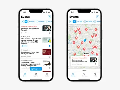 Event Dashboard event card events ios light ui list view map view mobile product design
