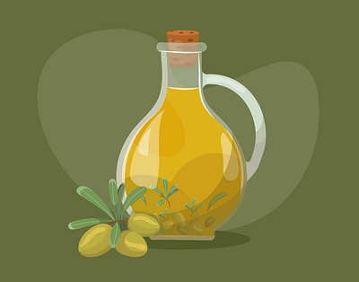 Bottle with olive oil and olive branches art bottle decoration design food graphic design illustration logo modern oil olive print trend ui