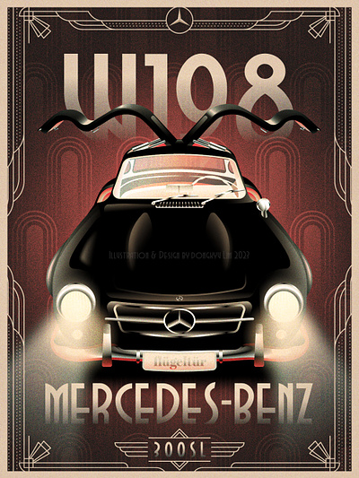 Mercedes W198 in Art Deco art deco art deco poster benz gull wing door illustration mercedes mercedes 300sl poster vintage