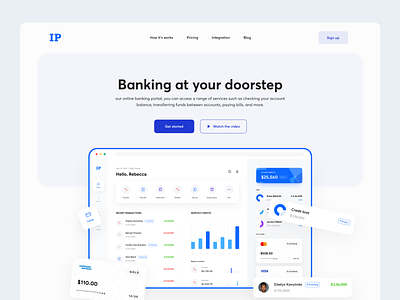 IP - Banking web design add to cart bank banking dashboard banking web design banking website blog ecommerce finance get started how it works illustration integration landing page minimal pricing product design sign up transaction watch video web design