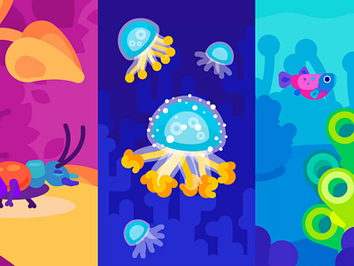 Triple Split Scene⼁Kurzgesagt Style 2d animation animation ant fish jellyfish kurzgesagt style motion design motion graphics waeel natah