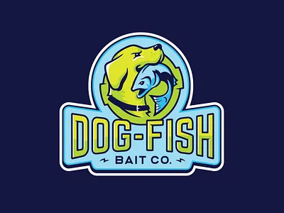 Dog-Fish Bait Co. badge bait company dog fish fishing hunting lure outdoor plastic retriever sportsman water sports
