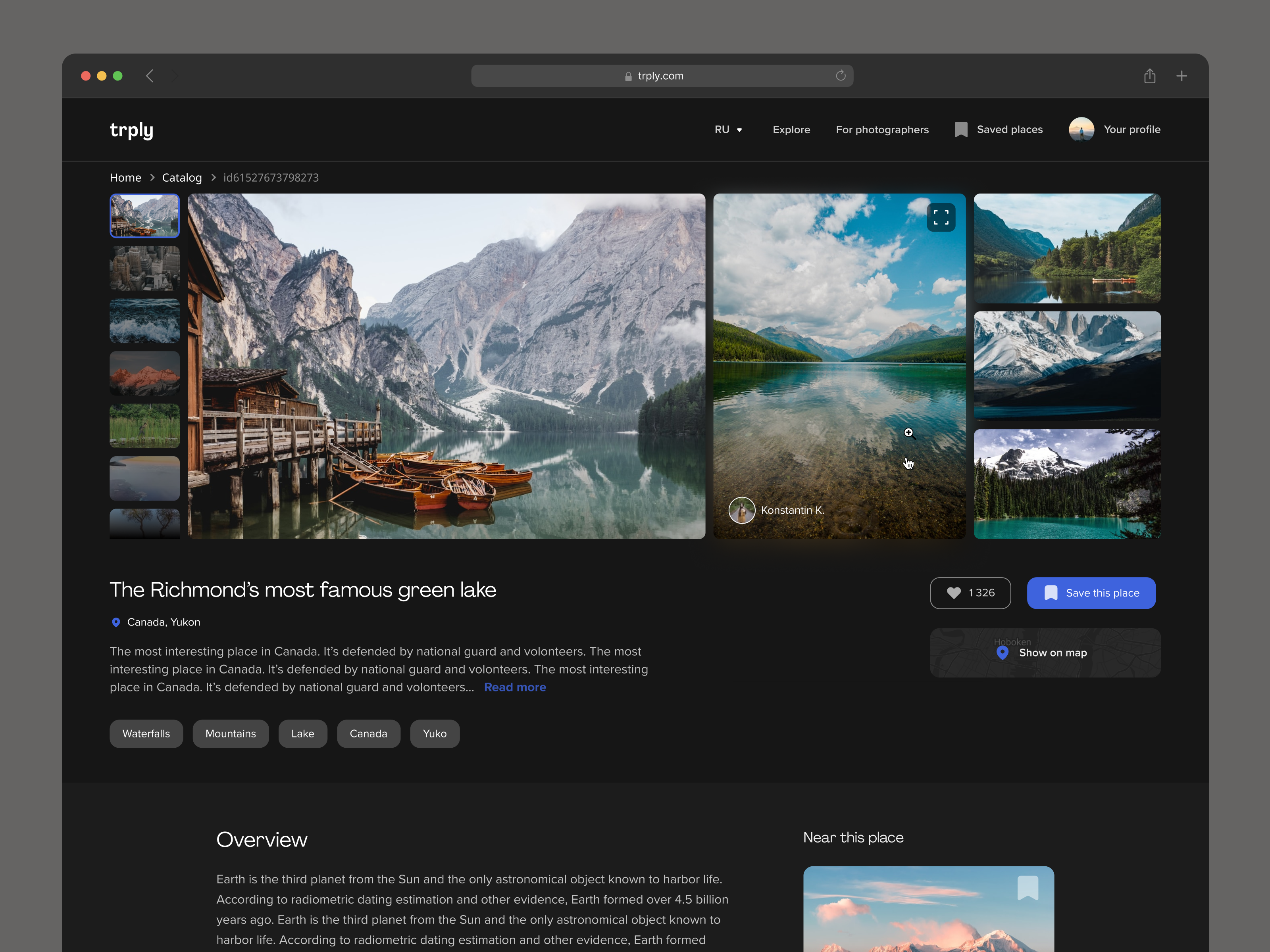 trply.com / location view (desktop) about carusel collection detailed view details gallery grid grid layout info location map place search tags travel ui