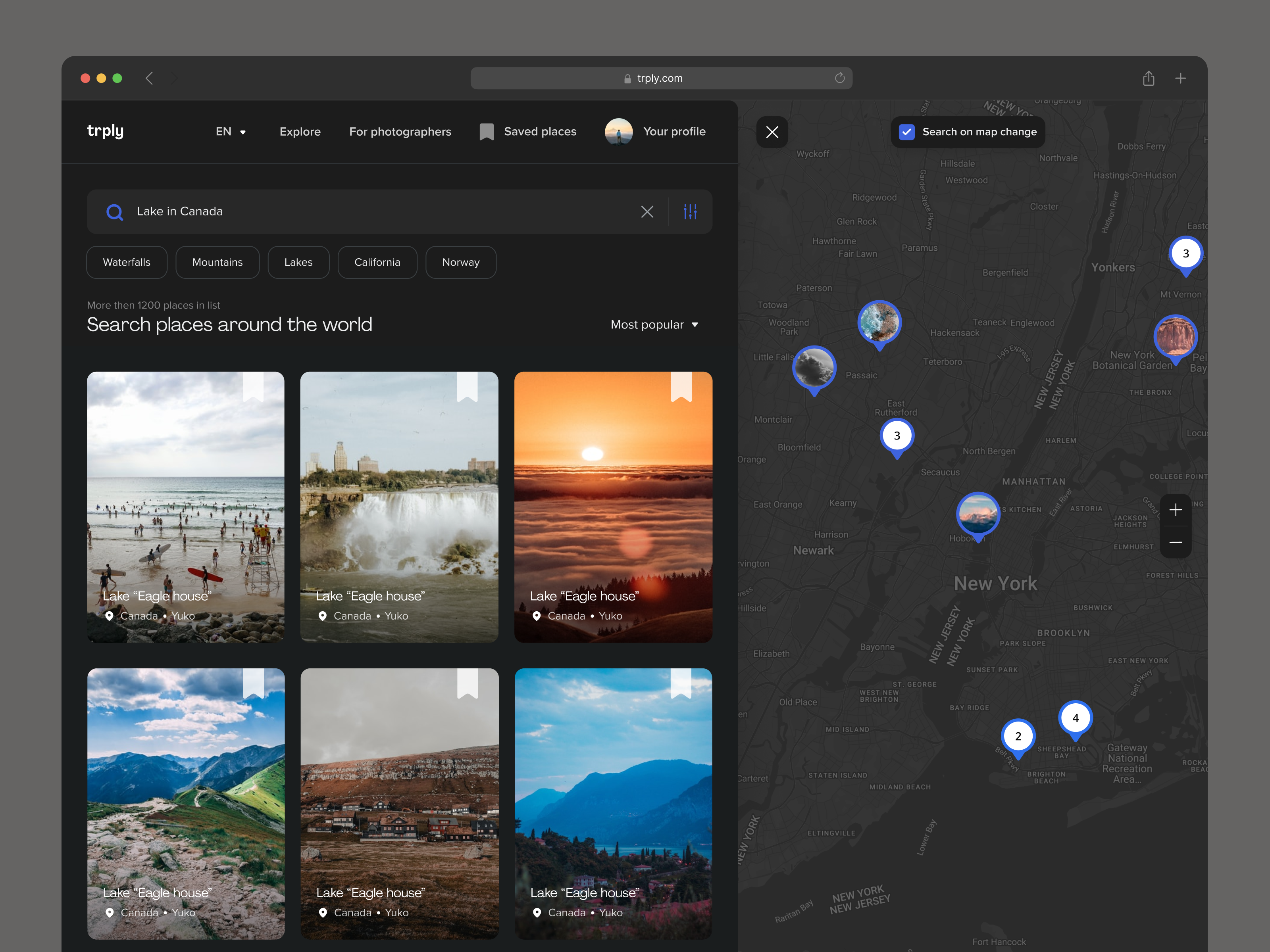 trply.com / catalog (map view) bookmark cards catalog dark mode dark palette ui filterring filters inputs listing map layout map view platfrom search travel ui