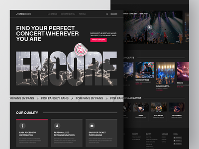 Crescendo - Concert Finder Website band bold concert concert finder dark dark mode design dj encore fest festival finder gig indie landing page ui web website