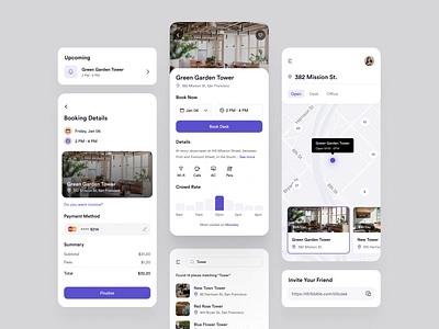Coworking Space Booking App app book booking chart clean co work cowork coworking list location map mobile office payment search summary ui ux work workspace