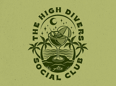 The High Divers alcohol austin beach cocktail design digital digital illustration illustration logo moon palm trees social club stars texas texture