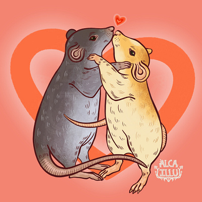 Kissy Rats - Valentine's Day Card Illustration animals cartoon cute holidays illustration pets rats valentine