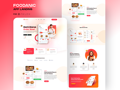 Foodanic App Landing Page app application delivery demo design fast food fastfood flat food illustration landing landing page light orange red ui ux web web design website