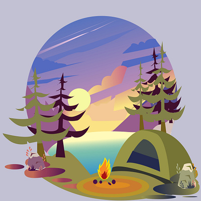 Camping and bone fire in a hilly area bone fire camping evening view hilly area illustration