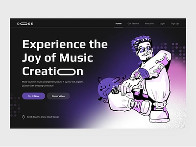 Dooge 🎵 Music Landing Page character compose composer design disk dog entertainment hypebeast illustration instrument landing page mascot modern music music genre old school retro ui website y2k