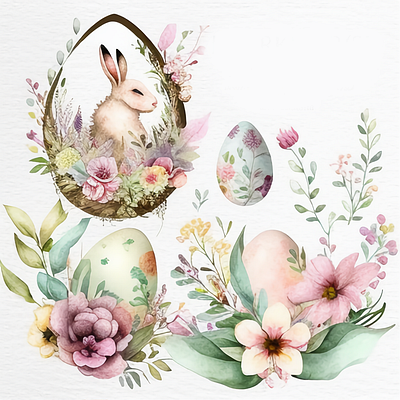 Happy Easter Bunnies Egg Floral Spring Watercolor sweet