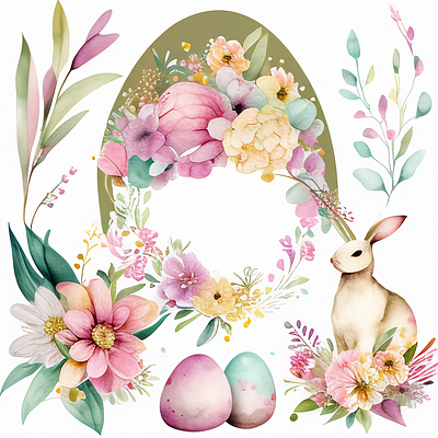 Happy Easter Bunnies Egg Floral Spring Watercolor sweet