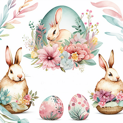 Happy Easter Bunnies Egg Floral Spring Watercolor sweet