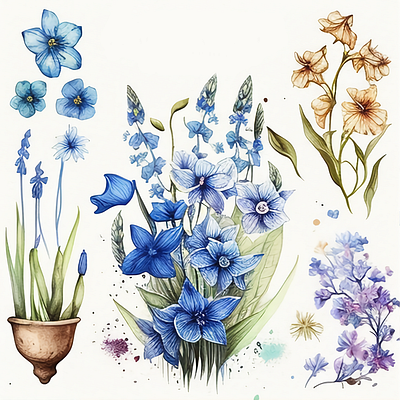 Amarilis and Bluebell Spring Flower Watercolor leaves
