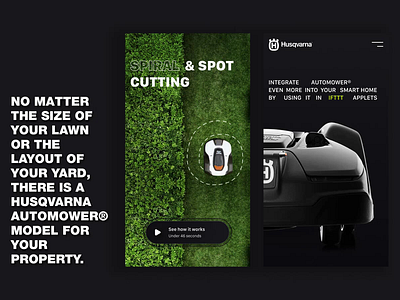 Husqvarna Robotic Lawn Mower - mobile landing page concept animation app cards components darkmode design design system ecommerce garden interaction design mobile mobile app player transitions typography ui ux video visual design