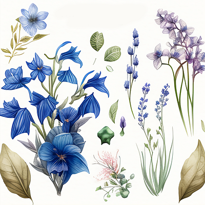 Amarilis and Bluebell Spring Flower Watercolor leaves