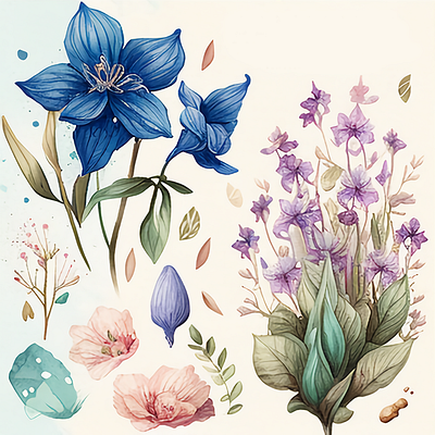 Amarilis and Bluebell Spring Flower Watercolor leaves