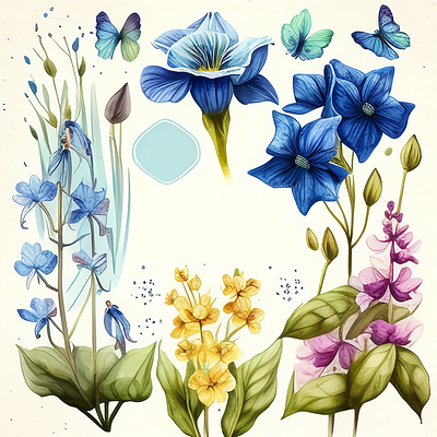 Amarilis and Bluebell Spring Flower Watercolor flora leaves
