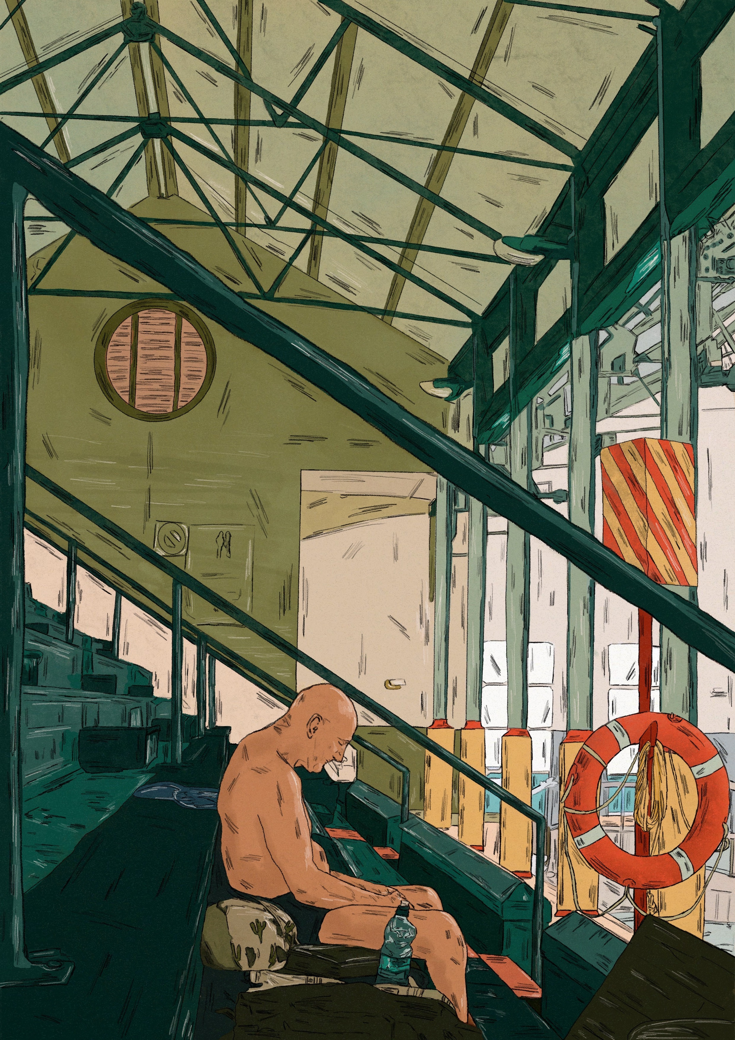 Man at Turkish Baths 2d artwork character details digital editorial illustration photoshop procreate stillness summer swimming swimming pool texture turkish baths