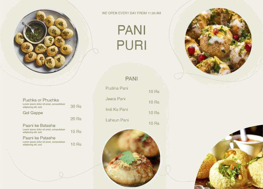 Pani Puri Brochure Design adobe photoshop branding brochuredesign design graphic design inspiration menu menu card signle card trifold twofold
