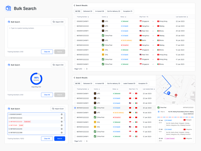 Bulk search automated system bulk search grid table map search shipment system tracking numbers ui ui design upload website