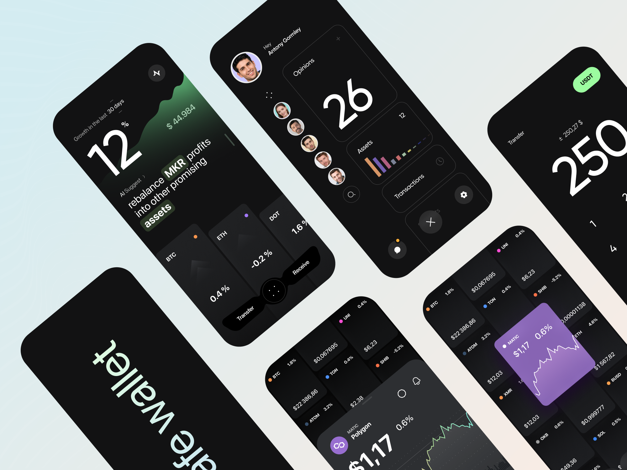 Crypto Wallet analytics app black blockchain cards crypto dark design finance graph mobile stats ui wallet