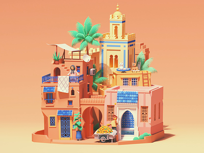 Greetings from Morocco 🇲🇦 3d animation architecture c4d characterdesign city illustration isometric loop maroc marrakech morocco octane village