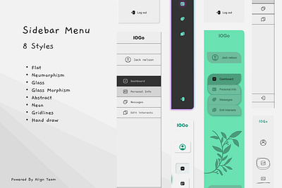 Sidebar Menu + 8 Style abstract bar design figma flat glass glass morphism grid lines hand draw morphism navigation neon neumorphism sidebar ui ux web