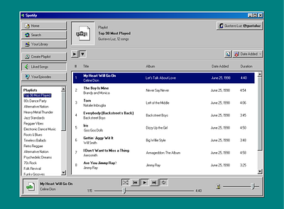 Spotify as a Windows 98 application design experimentation design system nostalgia retro spotify ui vintage windows windows 95 windows 98