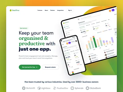 Landing page of: Desktime - Time-tracking & team engagement app app charts crm dashboard design employee engagement header hero landing page platform product productivity saas section team organizer time tracking ui ux web design website