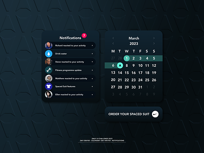 DailyUI X Spaced 038 - Calendar & 049 Notifications calendar challenge clean dailyui design event fitness graphic design icons jrdickie minimal notifications portfolio space spaced ui uidesign user interface water