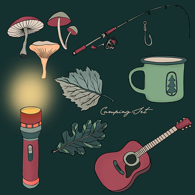 Camping Set Illustrations camping drawing ecological ecology editorial fishing forest guitare holiday illustration leaves lifestyle mug mushrooms nature summer torch travel tree vanlife