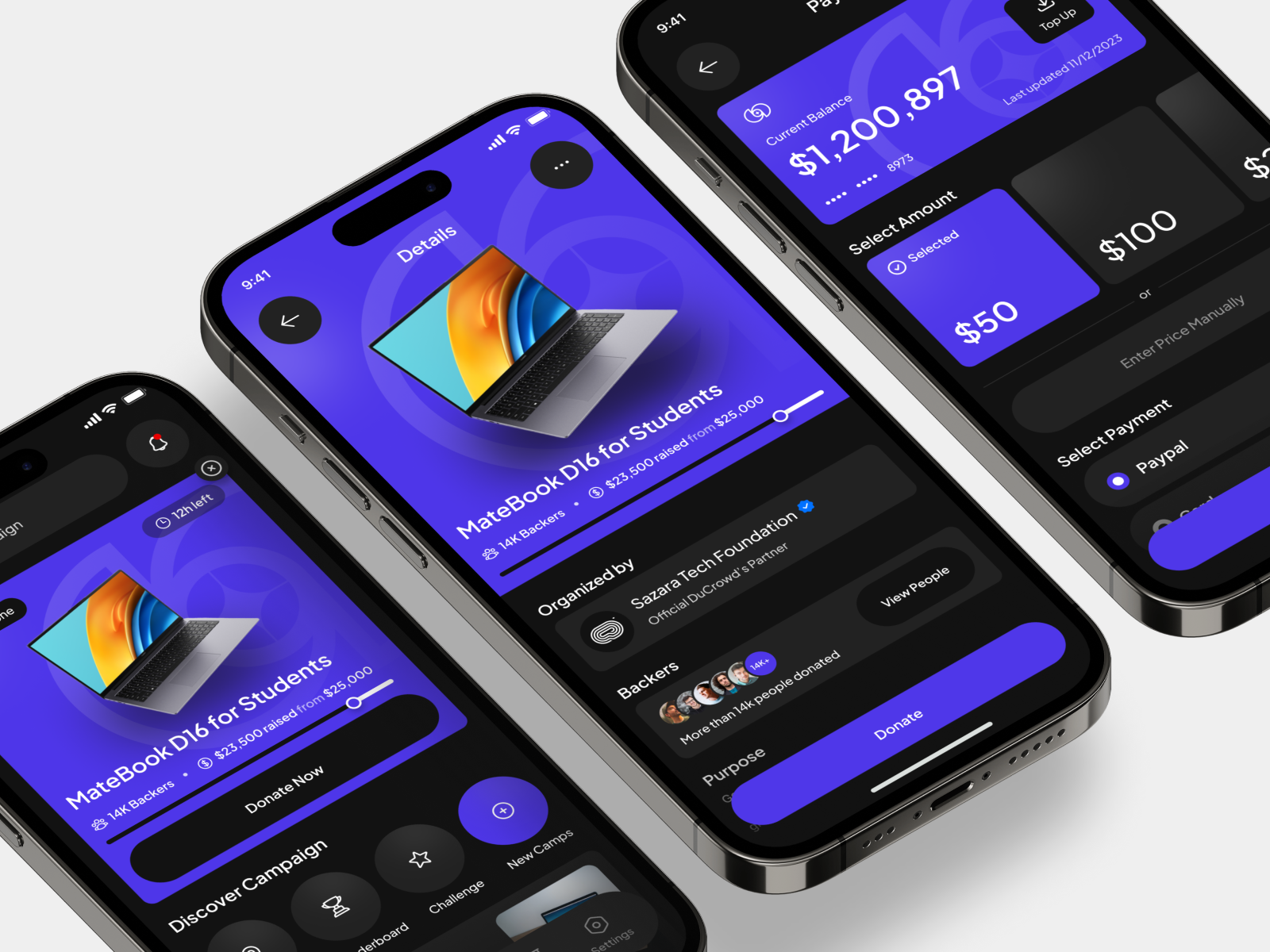 DuCrowd - Crowd Funding App app app design application charity clean crowd funding dark dark mode design donation donation app interface mobile mobile design mobile ui modern payment stats ui uidesign