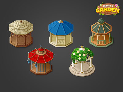 Game assets for Match 3 Garden architecture assets game gazebo illustration isometric mobile game
