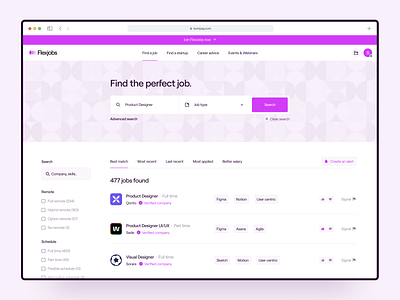 Flexjob 🌞 airbnb career clean dashboard filter form hire hiring job board job plateform job portal job seeker listing purple recruitment search sort by welcome to the jungle work finder