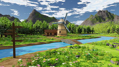 Countryside Mill Near River 3D model 3d art bridge cart cliff environment exterior flower forest grass house landscape lowpoly mill nature river rock stable tree water tank