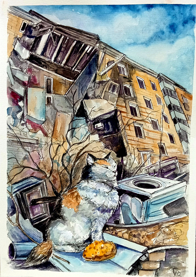 Original Watercolor Painting: War in Ukraine - Destroyed Houses animal cat destroyed houses hand painted paint painting stop war war ukraine watercolor art
