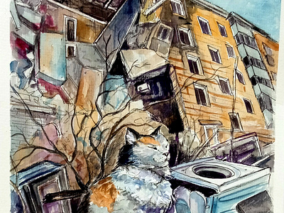 Original Watercolor Painting: War in Ukraine - Destroyed Houses animal cat destroyed houses hand painted paint painting stop war war ukraine watercolor art