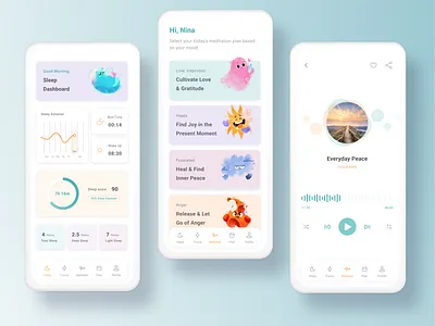 "Zen Zone" Meditation Mobile Application app calm design focus heal illustration inspiration meditation mind mindfulness mood peace relax relaxation sleep sleep tracker ui wakeup yoga zen