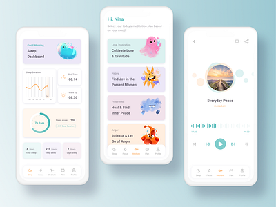 "Zen Zone" Meditation Mobile Application app calm design focus heal illustration inspiration meditation mind mindfulness mood peace relax relaxation sleep sleep tracker ui wakeup yoga zen