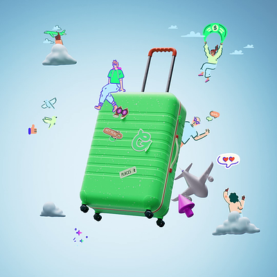 Traveling Luggage in 3D & 2D 2d 2d characters 3d 3d character animation 3d illustration after effects animation branding character animation cinema 4d gif logo luggage traveling traveling animation ui vacation