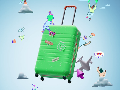 Traveling Luggage in 3D & 2D 2d 2d characters 3d 3d character animation 3d illustration after effects animation branding character animation cinema 4d gif logo luggage traveling traveling animation ui vacation