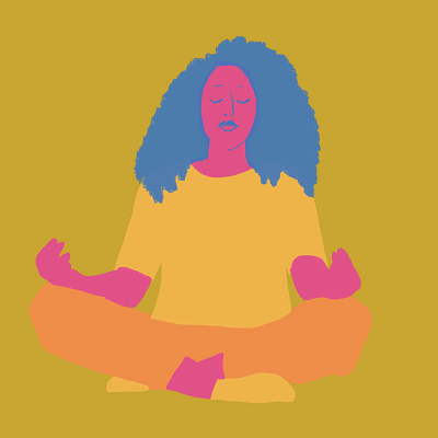 Meditation Illustration in pink, blue, yellow, and olive green illustration