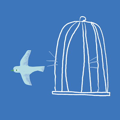 Bird breaking free from cage illustration in blue and green illustration