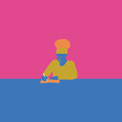 Woman writing in pink, orange, blue, and olive illustration