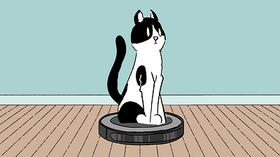 Roomba Cat 2d black and white cat cel character character design frame by frame kitten roomba vacuum
