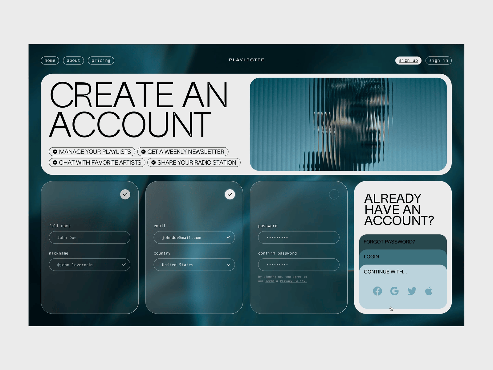 Sign up - Daily UI 001 animation create account daily ui daily ui 001 design design challenge glassmorphism micro animation music playlist register sign in sign up streaming streaming platform ui ui animation ux web welcome