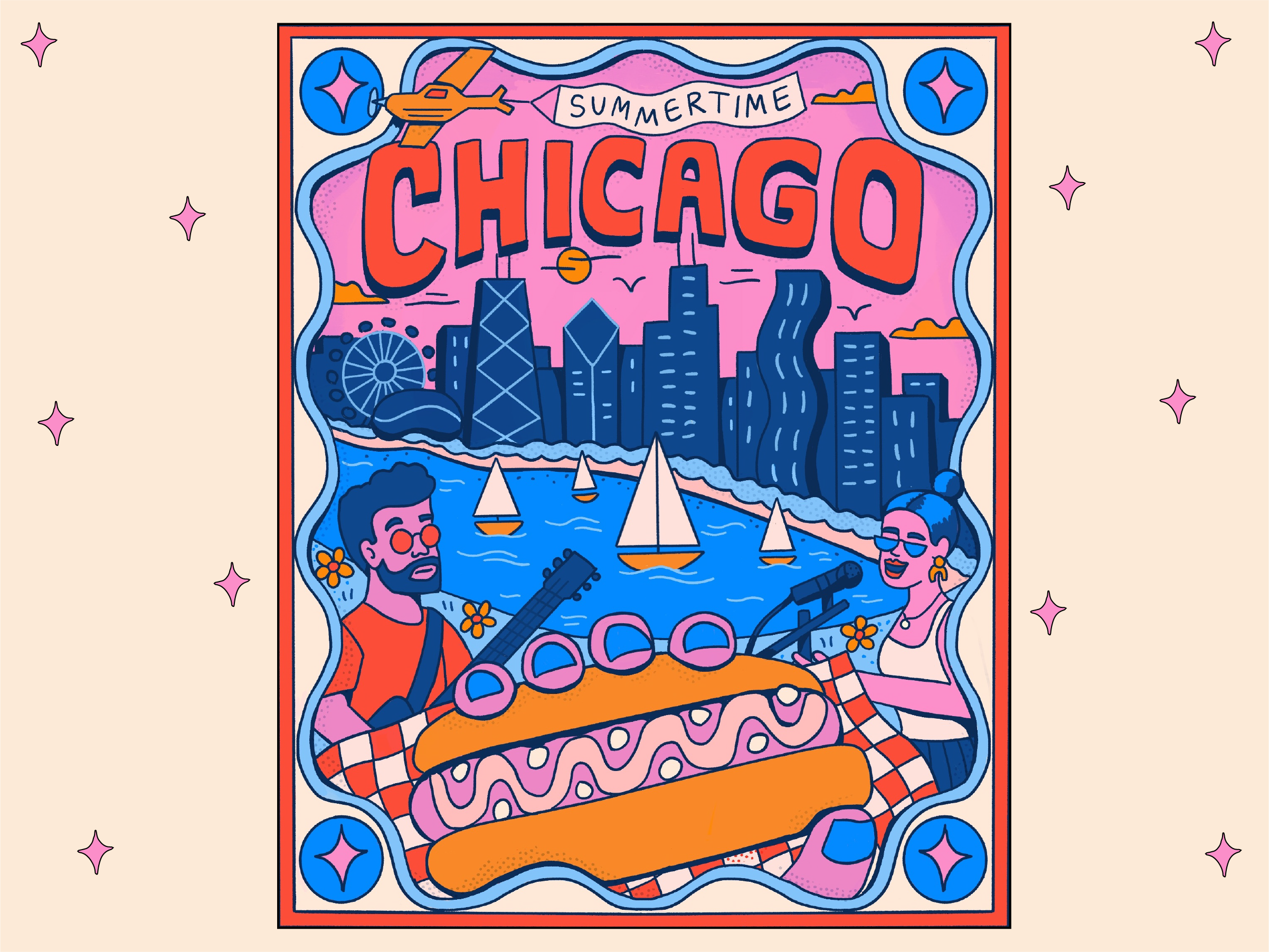 Chicago Summertime Illustration branding chicago city festival food gig poster hot dog illustration lettering merch mural music outdoors poster summer summertime symmetrical